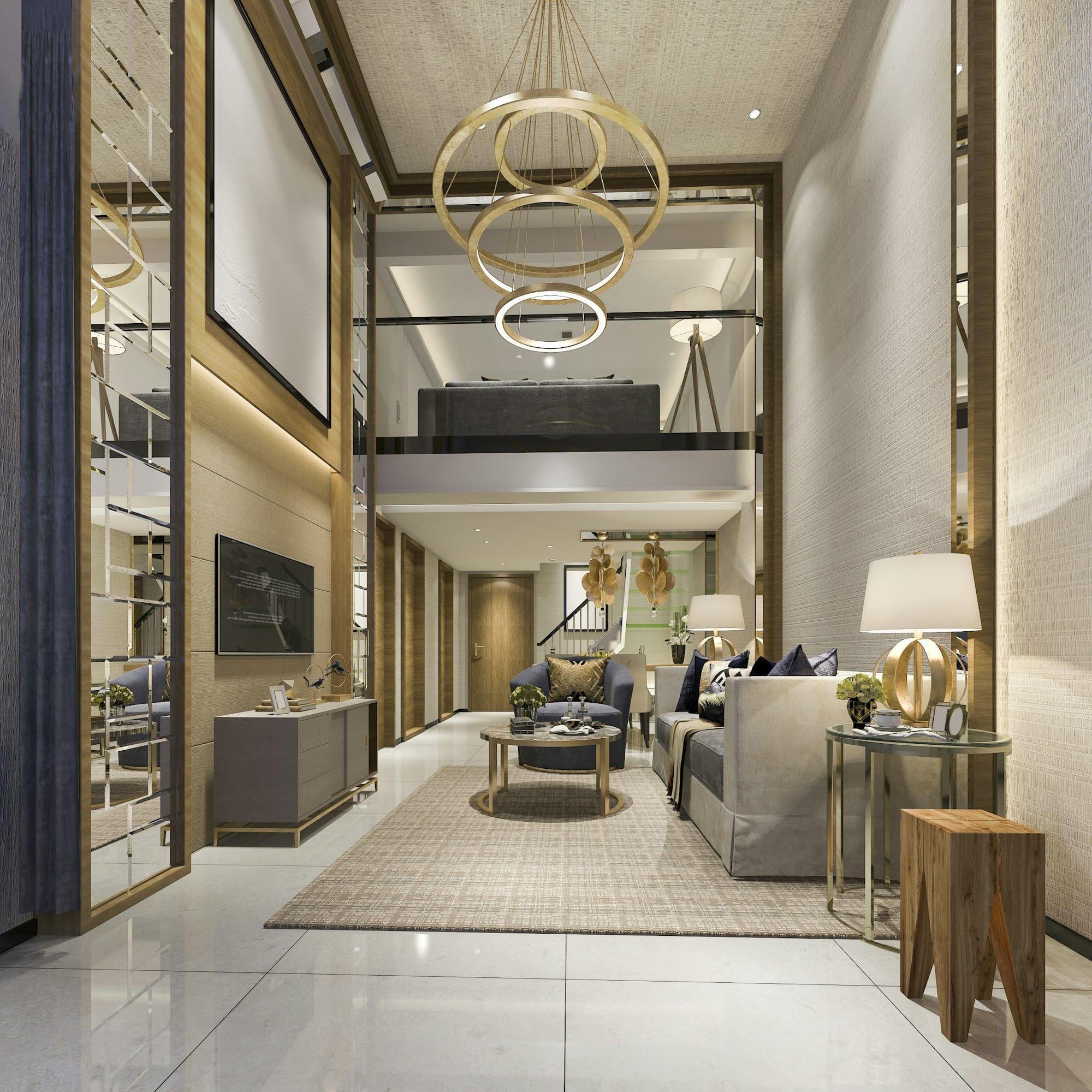 3d rendering modern dining room and living room with luxury decor
