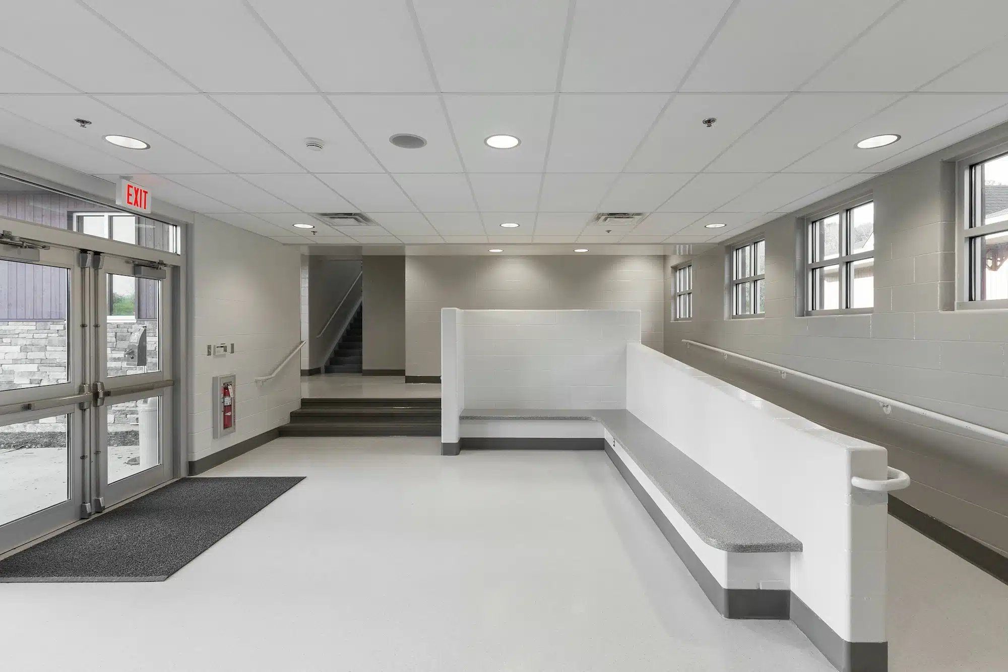 54289,Benches, ramp and stairs in lobby of animal shelter